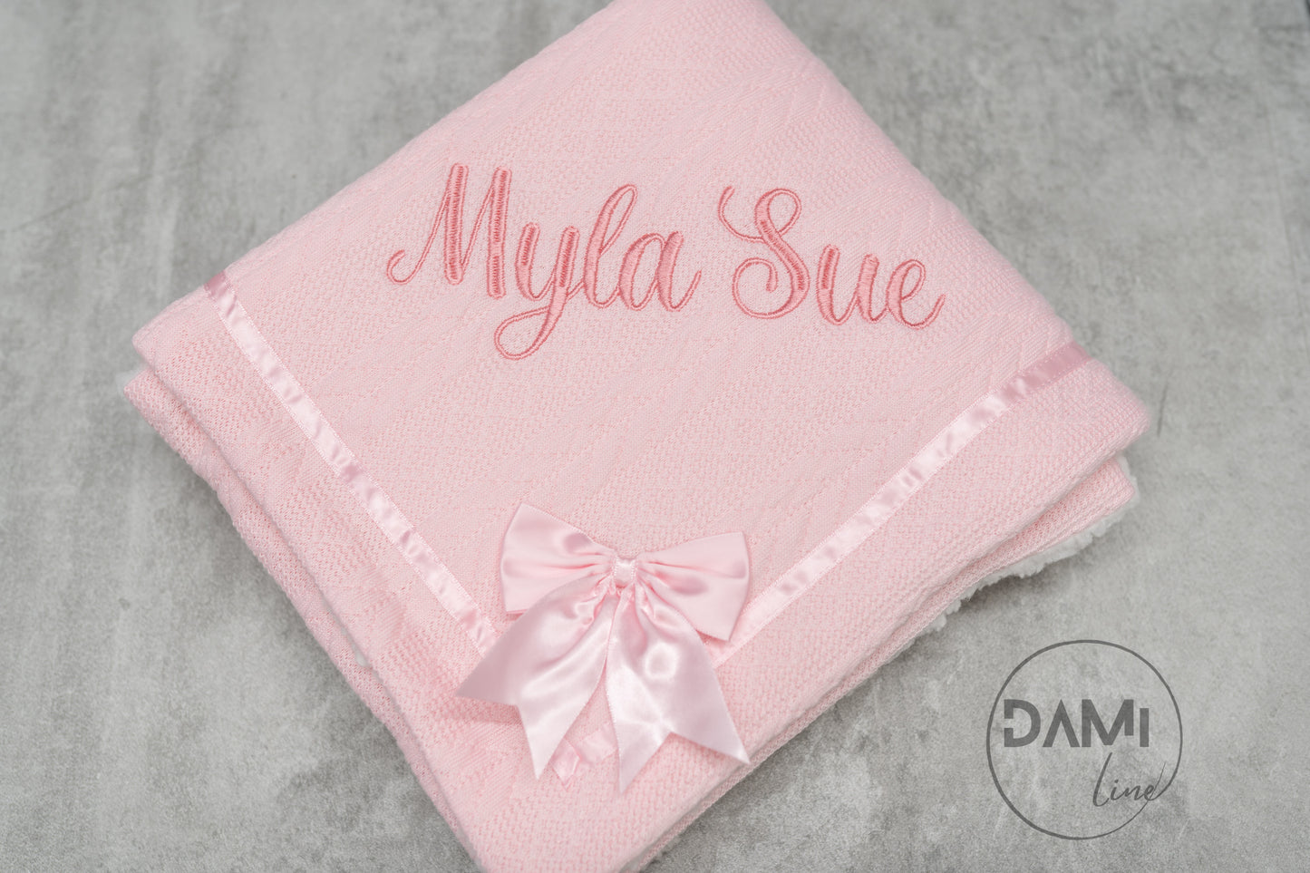 Personalised soft knitted PINK baby girl blanket with sherpa lining