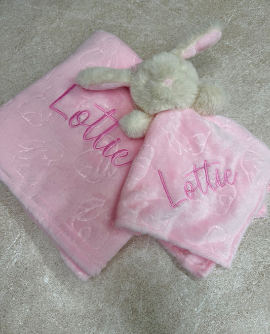 Personalised baby blanket, bunny or puppy comforter gift set