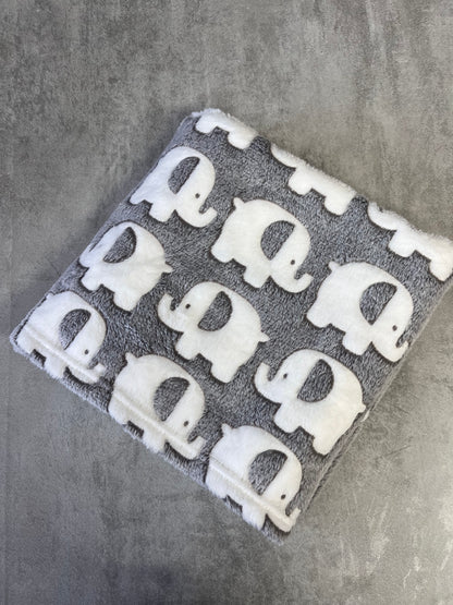 Personalised elephant print baby blanket.