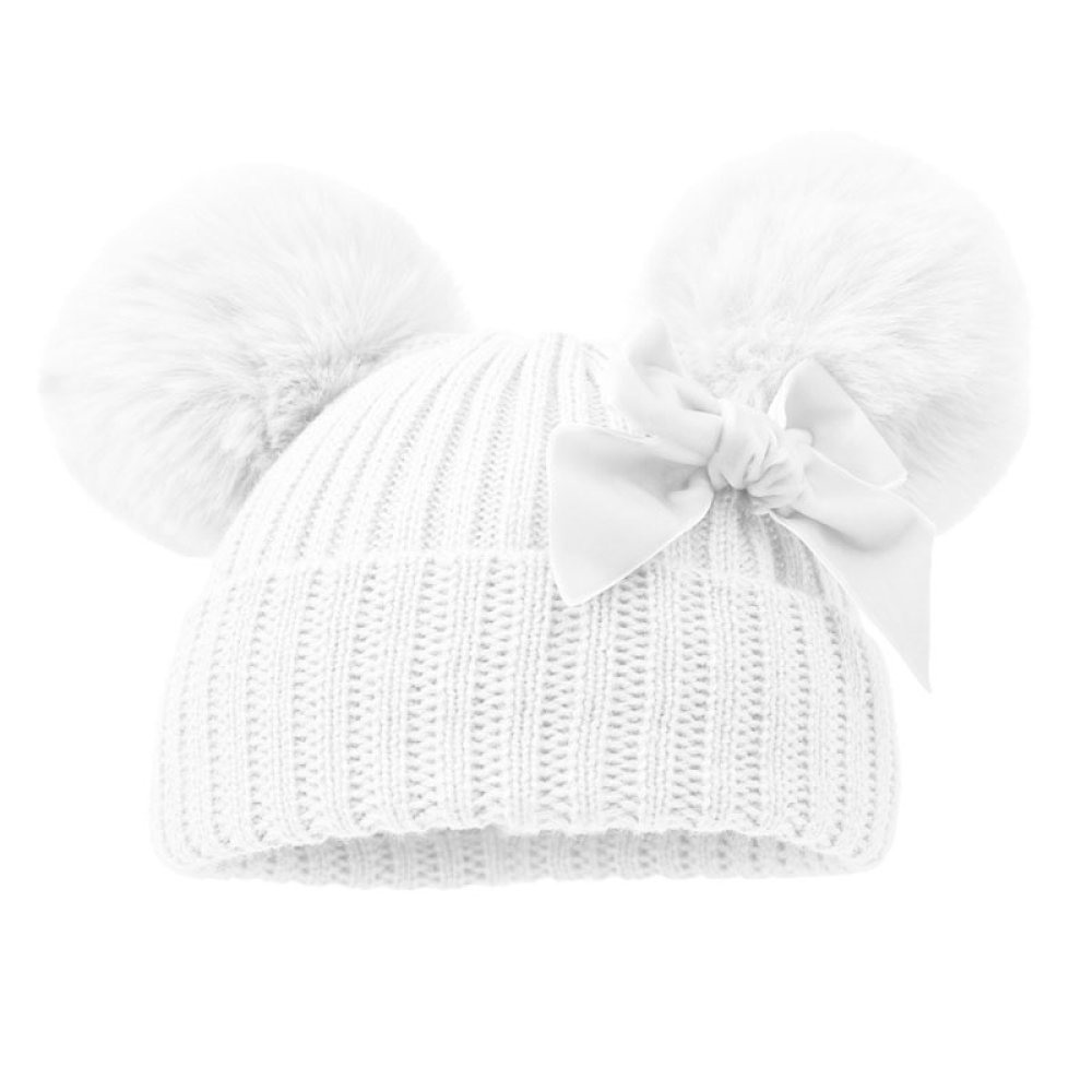 Ribbed Baby Hat with Pom Poms, Turnover & Velvet Bow