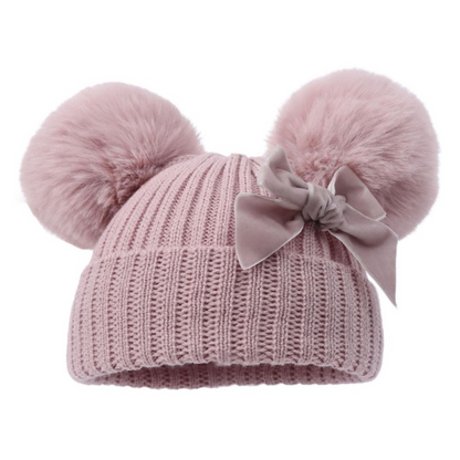 Personalised Ribbed Baby Hat with Pom Poms, Turnover & Velvet Bow (Copy)