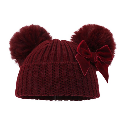 Personalised Ribbed Baby Hat with Pom Poms, Turnover & Velvet Bow (Copy)