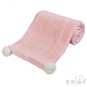 Personalised knitted baby blanket with white sherpa lining and 2 pom-poms.