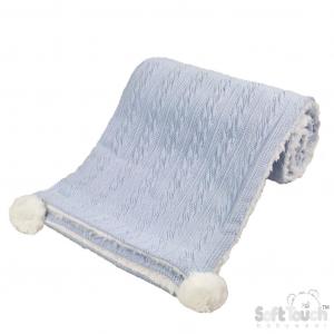 Personalised knitted baby blanket with white sherpa lining and 2 pom-poms.