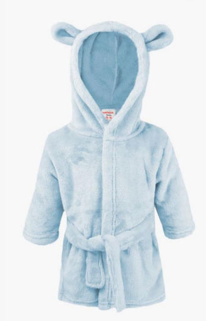 Personalised hooded baby bath robe, baby dressing gown. Front embroidery