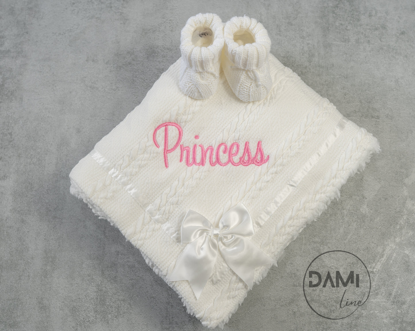 Personalised white baby knitted blanket and white knitted booties gift set | Baby gift set in box