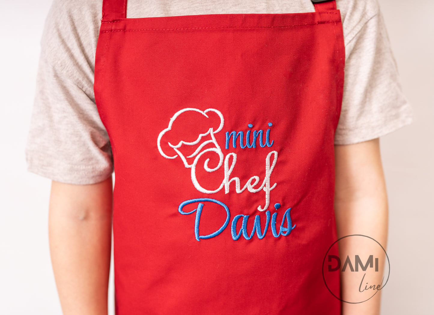 Personalised embroidered kids apron, mini chef, kids name apron