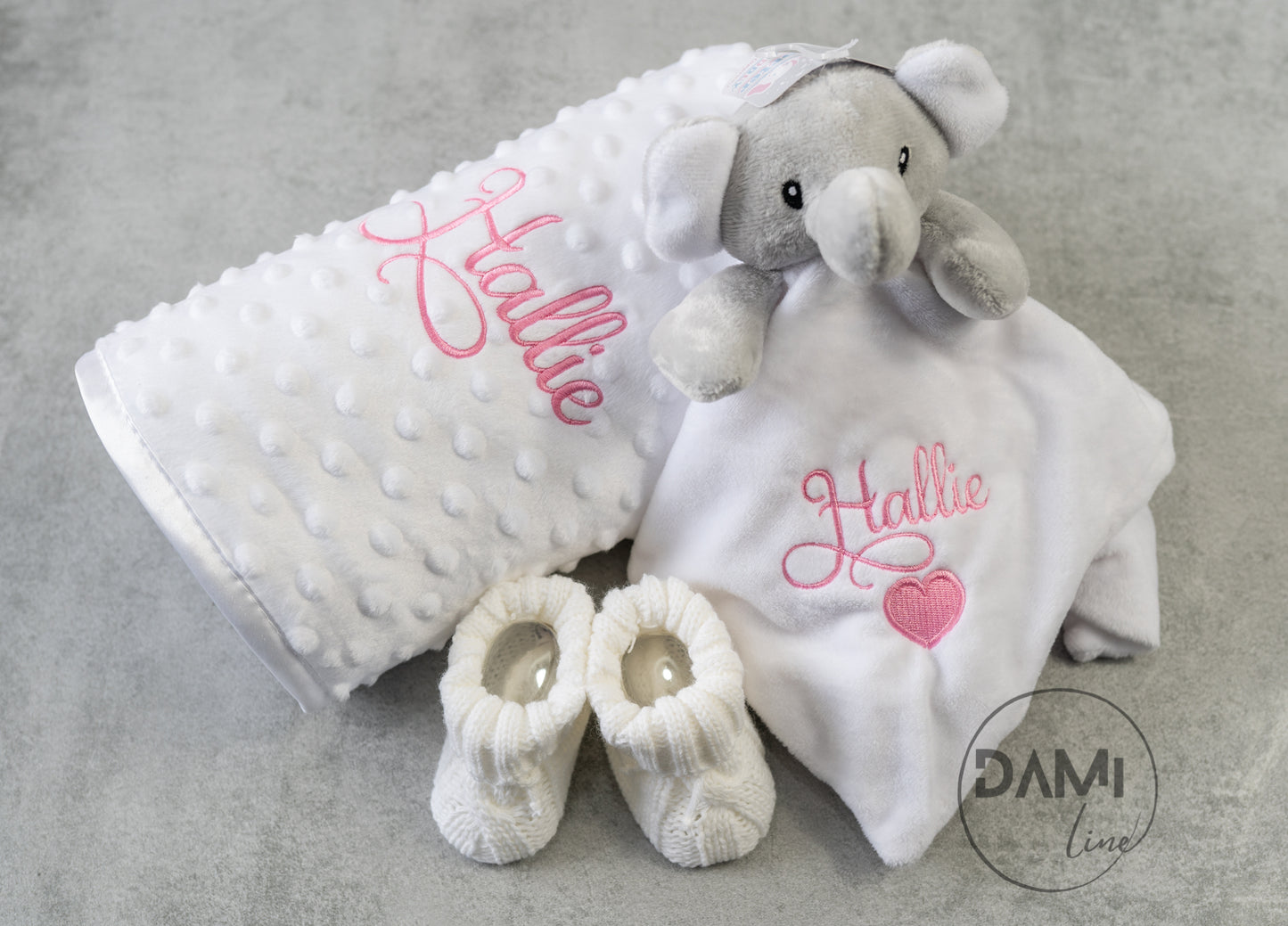 Personalised white baby blanket, elephant comforter and white booties gift set for baby girl or boy | Baby gift set in box