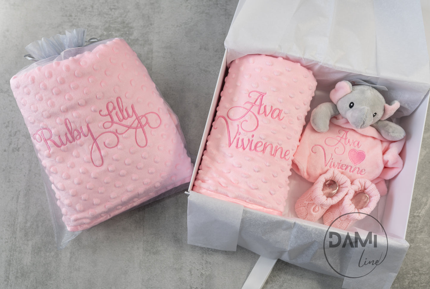 Personalised pink baby blanket, elephant comforter and pink booties gift set for baby girl | Baby gift set in box