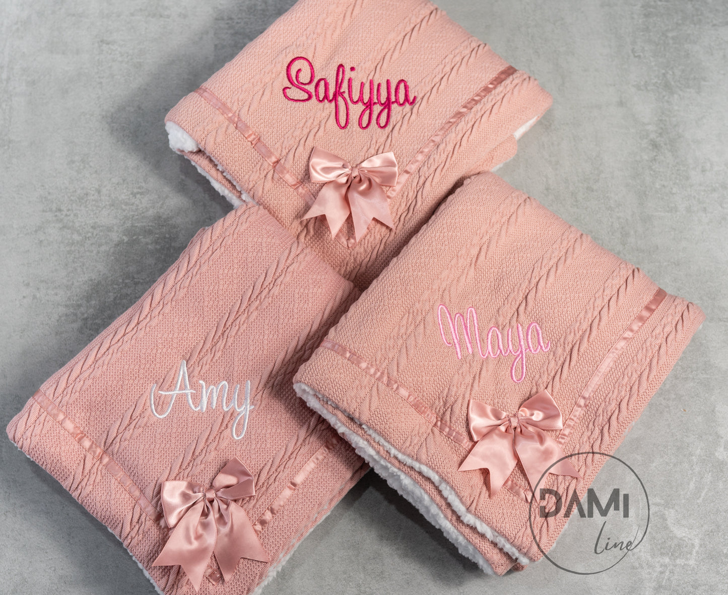 Personalised soft knitted ROSE GOLD baby girl blanket with sherpa lining