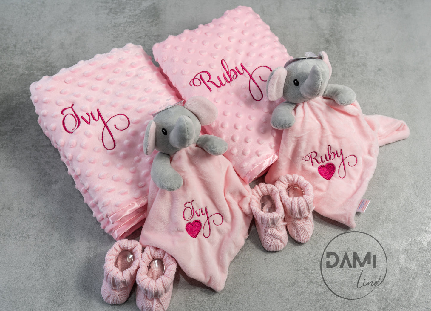 Personalised pink baby blanket, elephant comforter and pink booties gift set for baby girl | Baby gift set in box