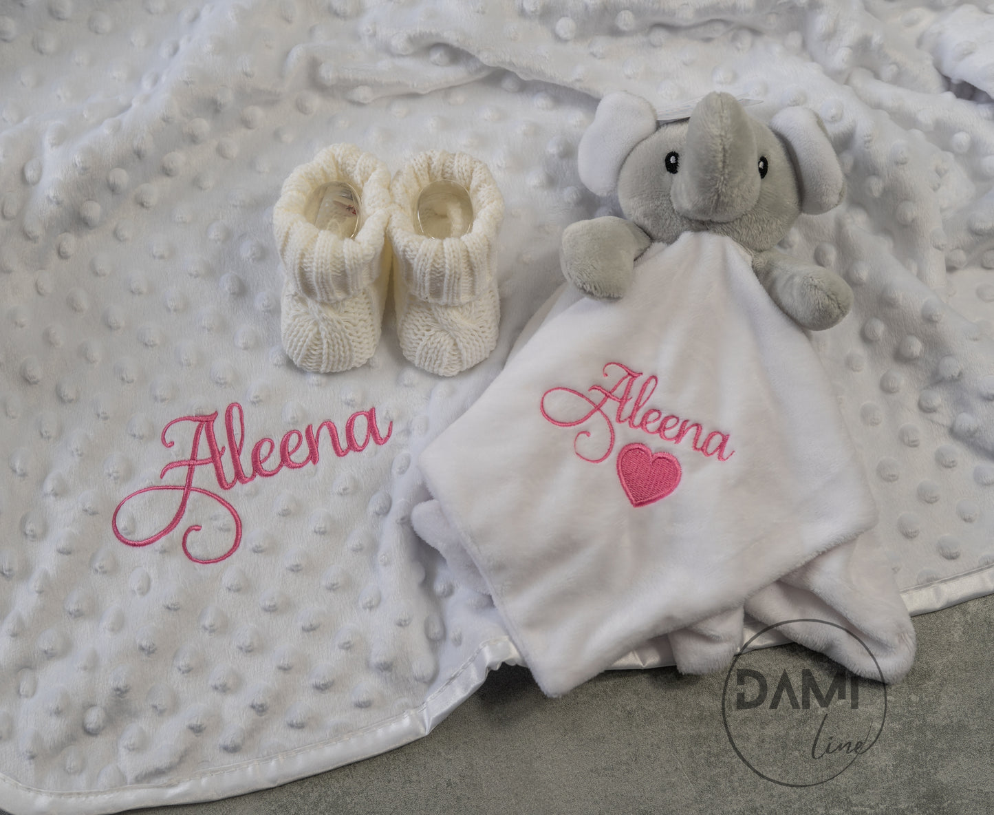 Personalised white baby blanket, elephant comforter and white booties gift set for baby girl or boy | Baby gift set in box