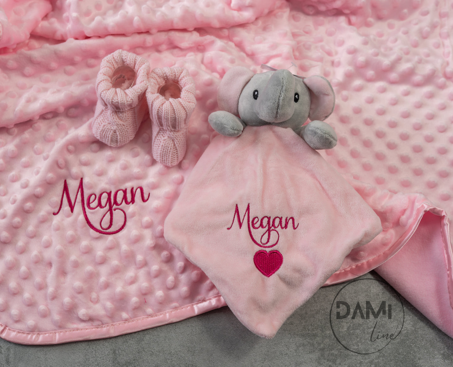 Personalised pink baby blanket, elephant comforter and pink booties gift set for baby girl | Baby gift set in box