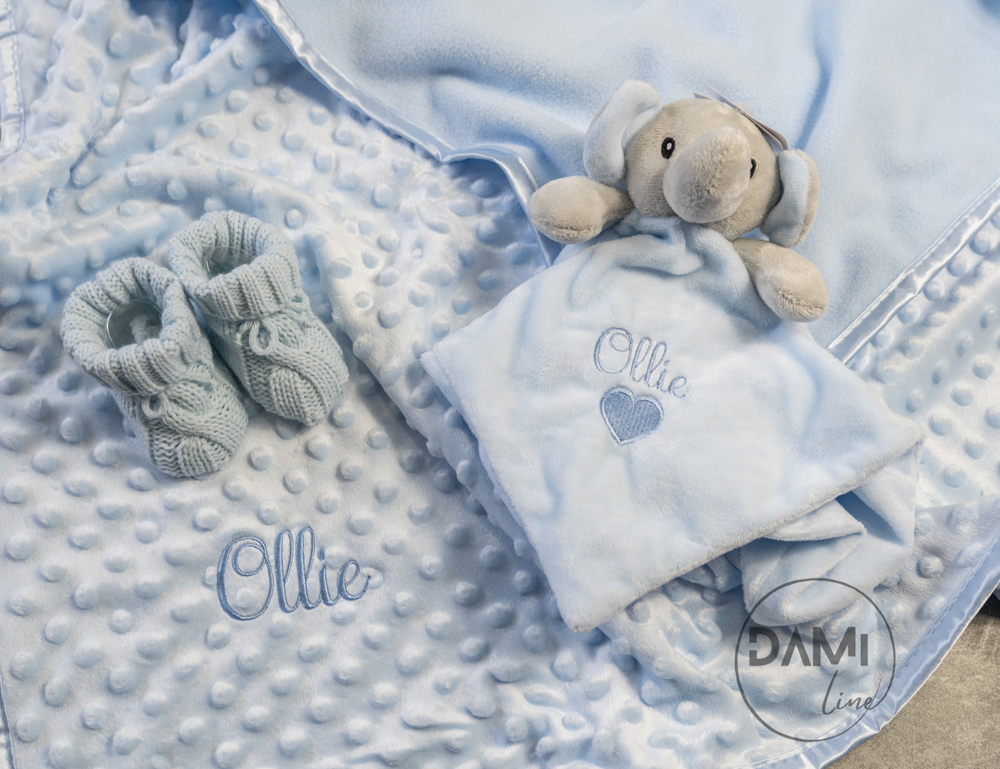 Personalised blue baby blanket, elephant comforter and blue knitted booties gift set for boy | Baby boy gift set in blue magnetic box