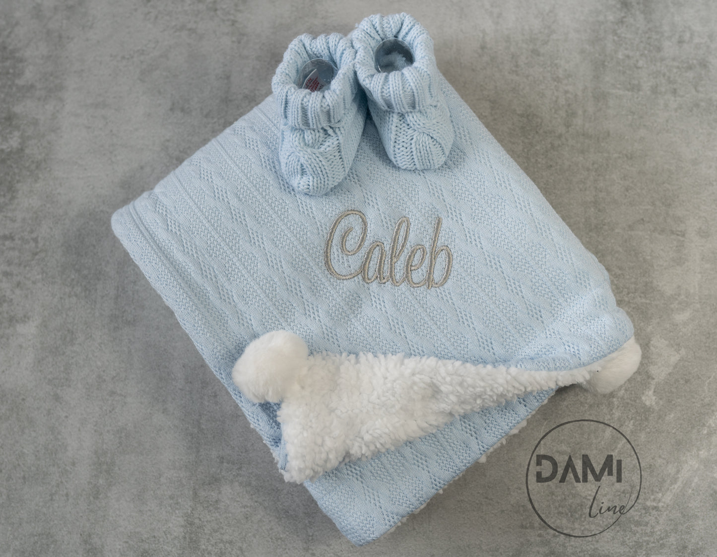 Personalised light blue baby knitted blanket and blue knitted booties gift set