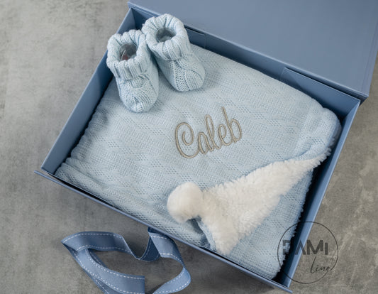 Personalised light blue baby knitted blanket and blue knitted booties gift set