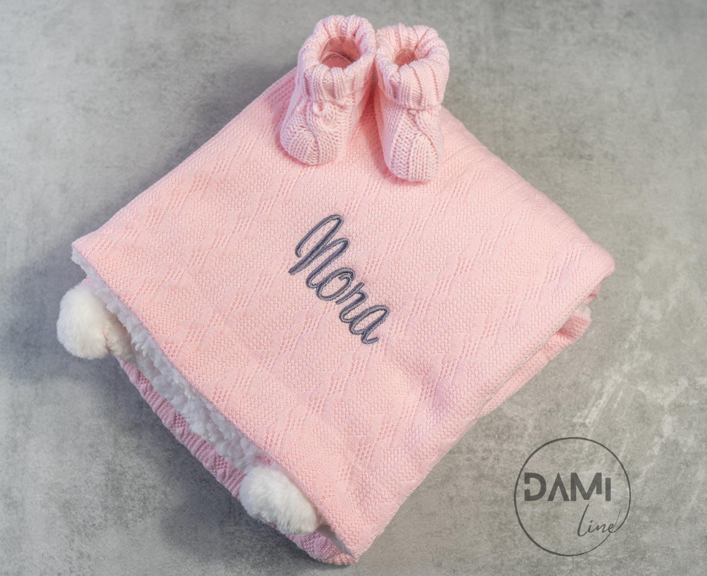 Personalised pink baby knitted blanket and pink knitted booties gift set | Baby girl pink gift set in box