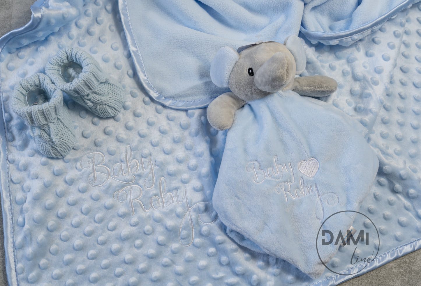 Personalised blue baby blanket, elephant comforter and blue knitted booties gift set for boy | Baby boy gift set in blue magnetic box