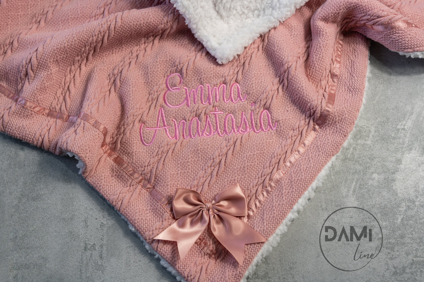 Personalised soft knitted ROSE GOLD baby girl blanket with sherpa lining