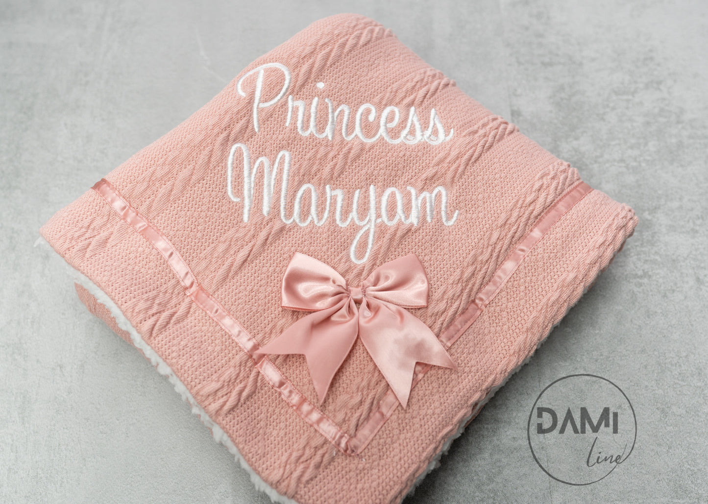 Personalised soft knitted ROSE GOLD baby girl blanket with sherpa lining