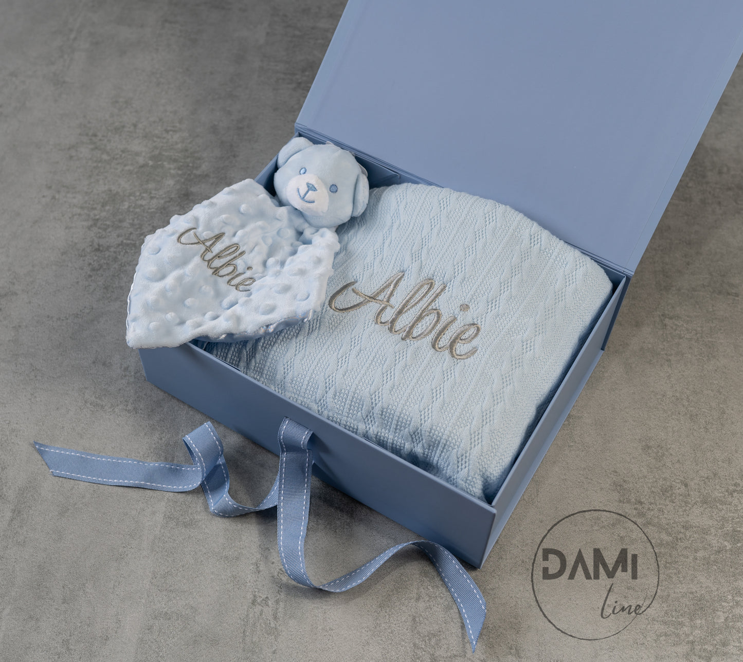 Personalised blue baby knitted blanket and bear comforter gift set