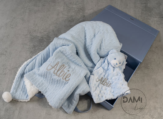 Personalised blue baby knitted blanket and bear comforter gift set