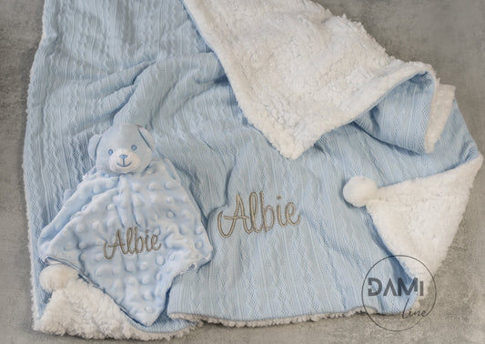 Personalised blue baby knitted blanket and bear comforter gift set