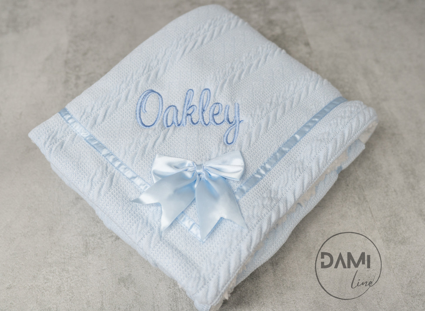 Personalised LIGHT BLUE baby knitted blanket with bow