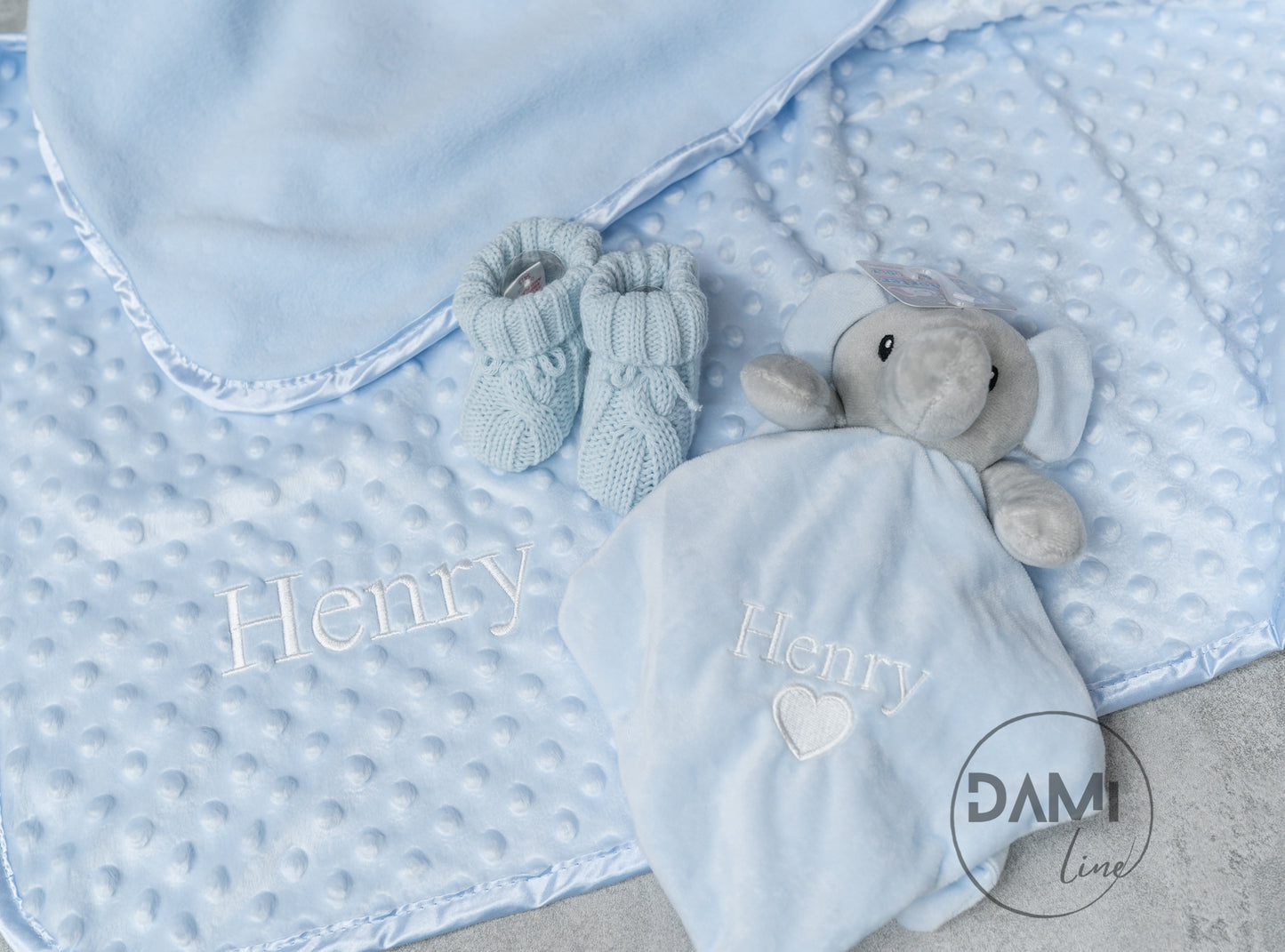 Personalised blue baby blanket, elephant comforter and knitted booties gift set for boy