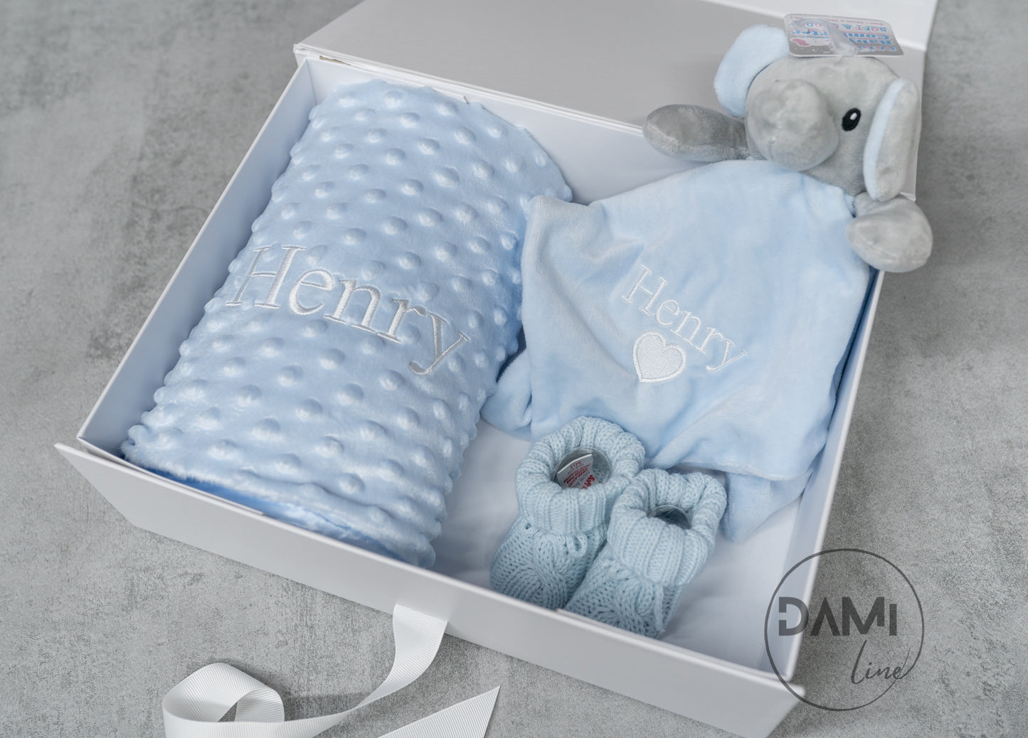 Personalised blue baby blanket, elephant comforter and knitted booties gift set for boy