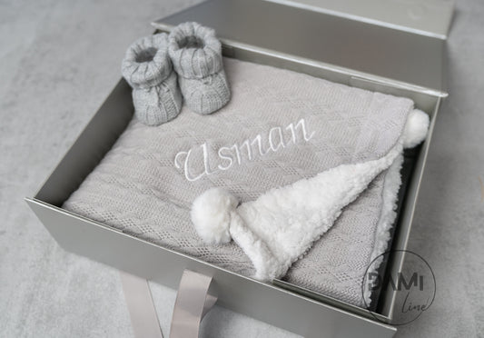 Personalised grey baby knitted blanket and grey knitted booties gift set