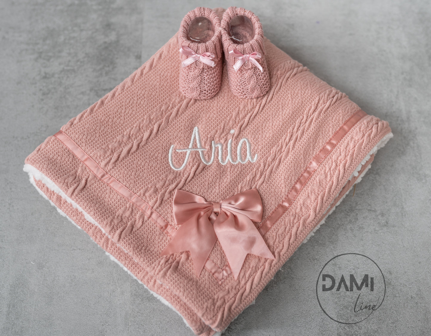 Personalised rose gold baby knitted blanket and rose gold knitted booties gift set