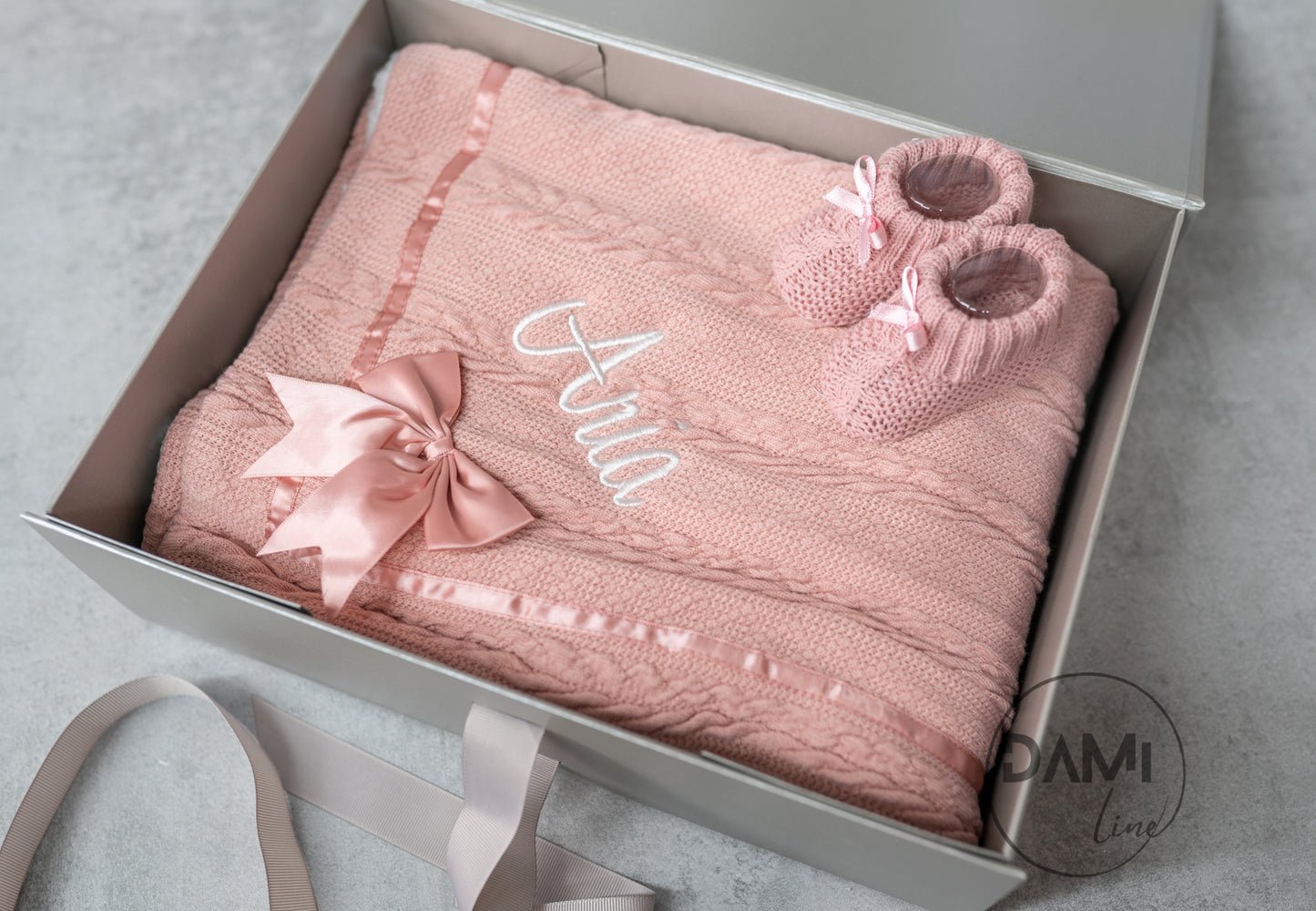 Personalised rose gold baby knitted blanket and rose gold knitted booties gift set