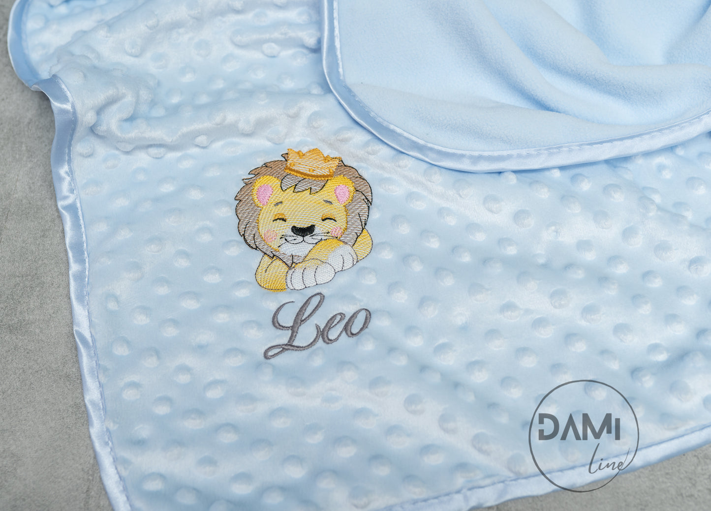 Personalised embroidered baby bubble blanket with fleece back and satin trim