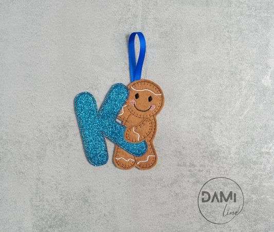 Blue letter gingerbread man handmade Christmas hanging decoration