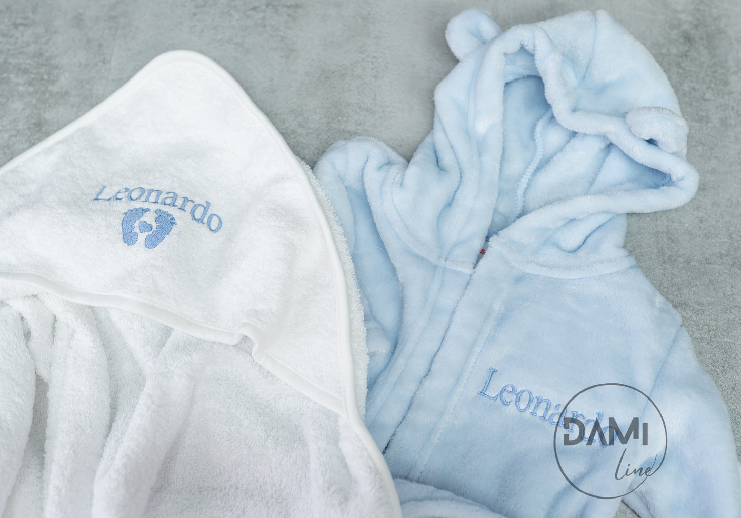 Personalised hooded baby bath robe and hooded towel, 2 pcs set