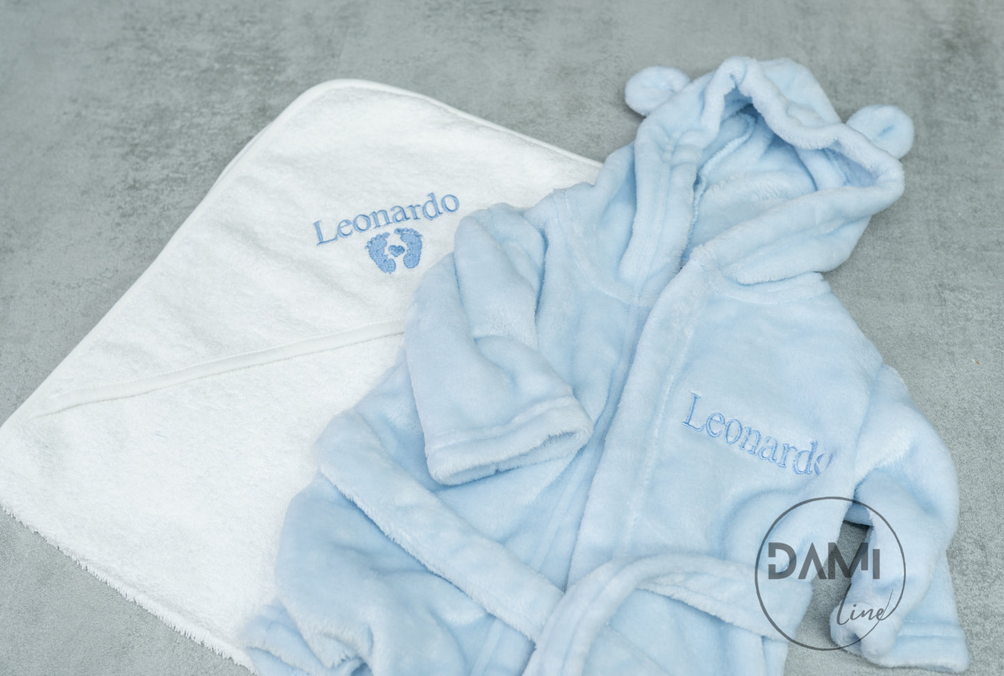 Personalised hooded baby bath robe and hooded towel, 2 pcs set