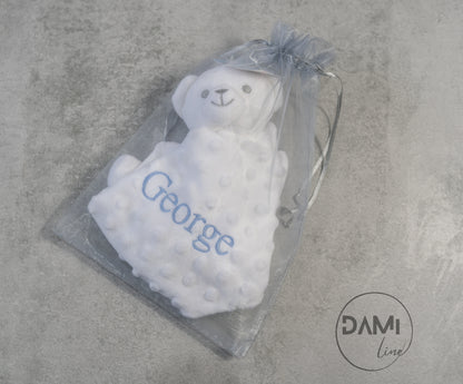 Personalised bear comforter.