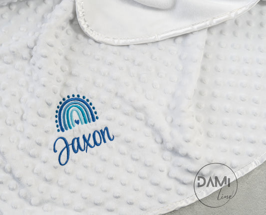 Personalised embroidered rainbow baby boy blanket