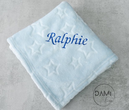 Embroidered personalised blue stars embossed baby blanket
