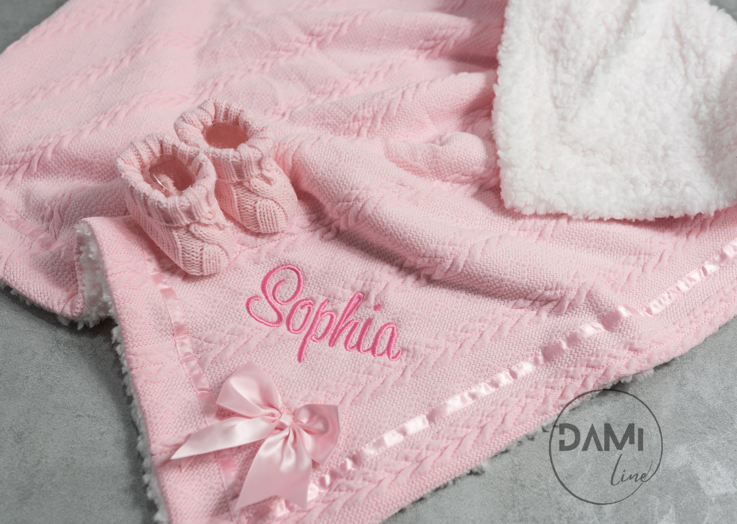 Personalised pink baby knitted blanket and pink knitted booties gift set