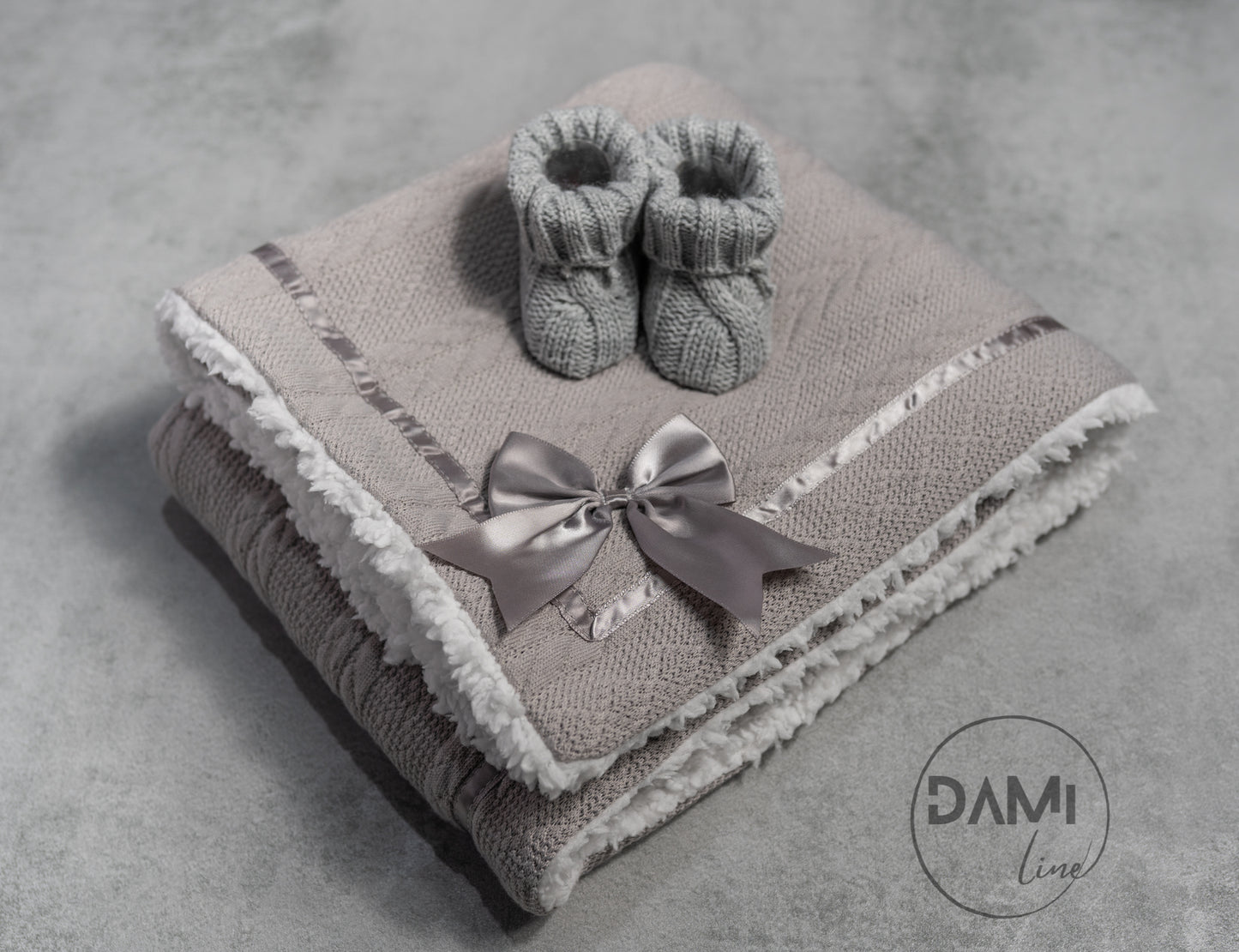 Personalised grey baby knitted blanket and grey knitted booties gift set