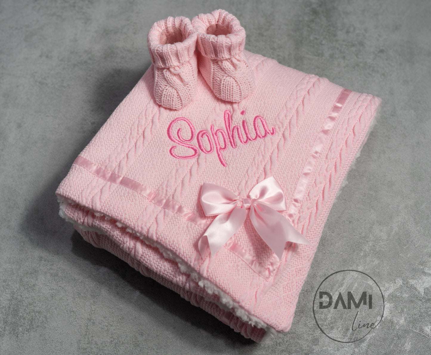 Personalised pink baby knitted blanket and pink knitted booties gift set