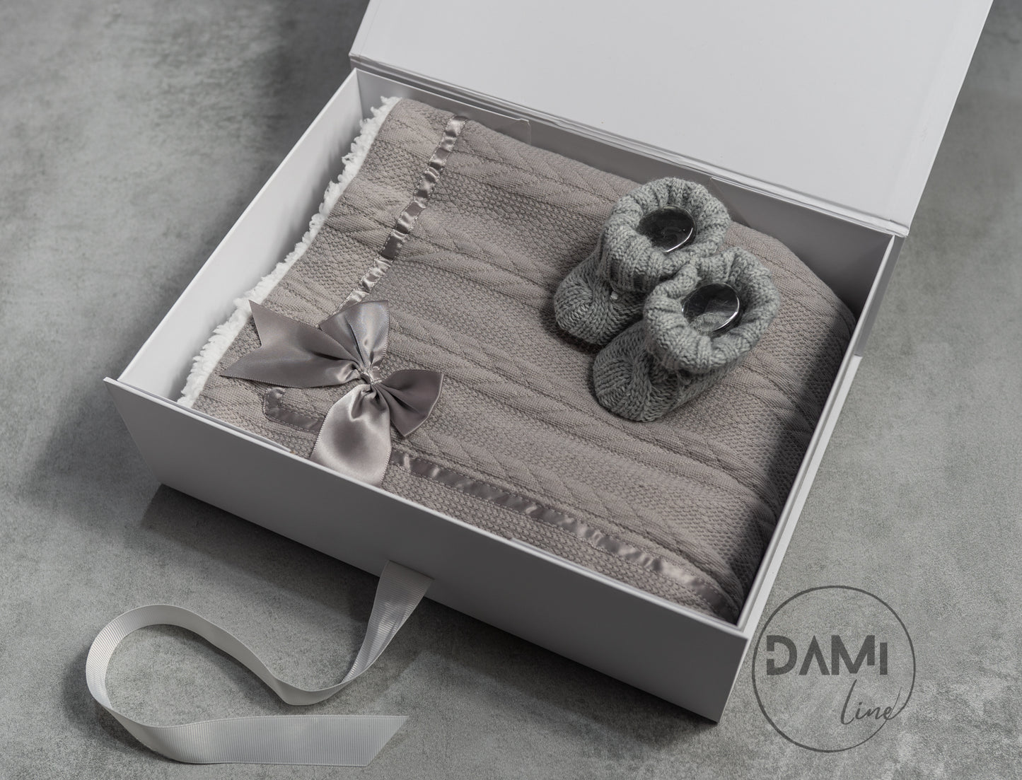 Personalised grey baby knitted blanket and grey knitted booties gift set