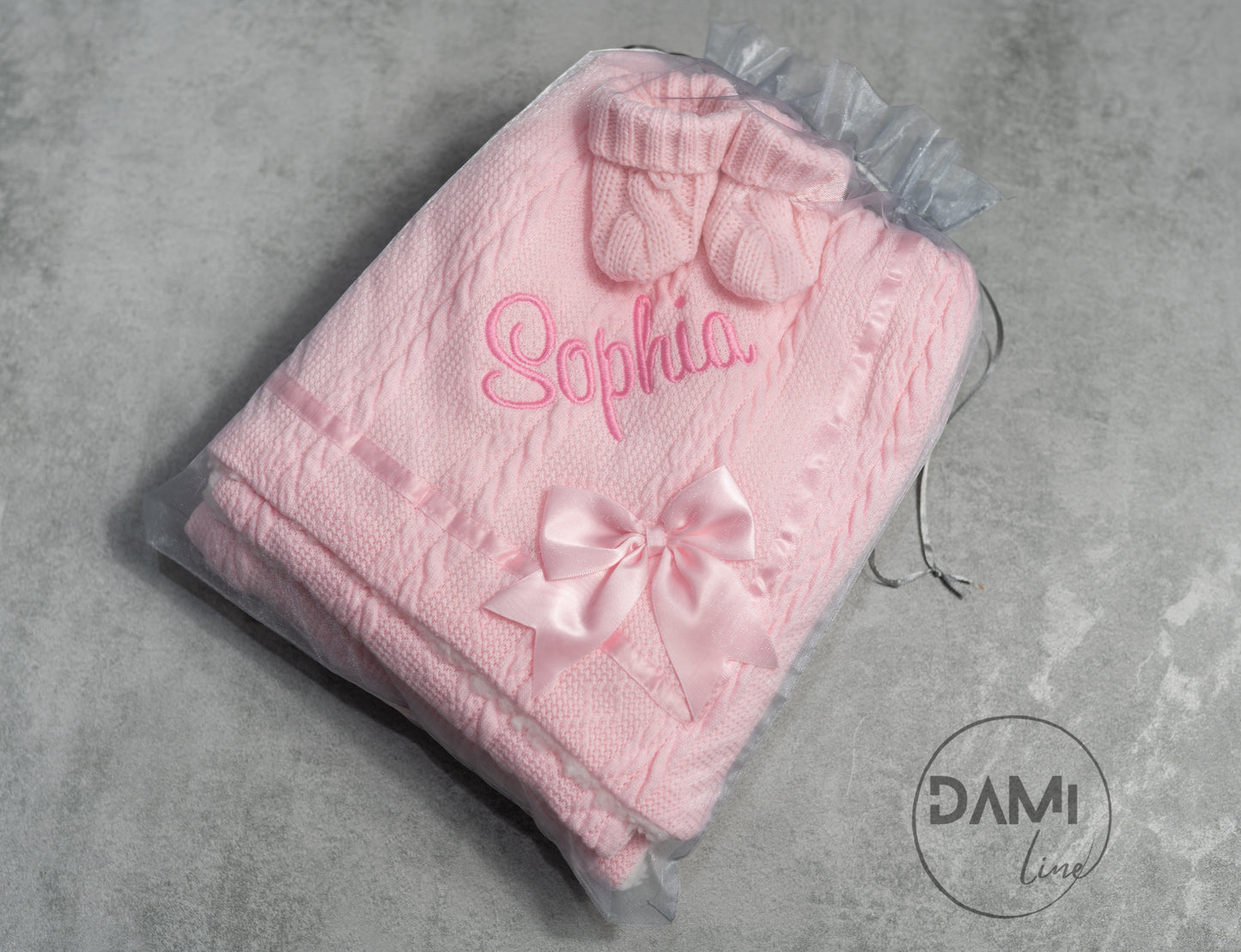 Personalised pink baby knitted blanket and pink knitted booties gift set