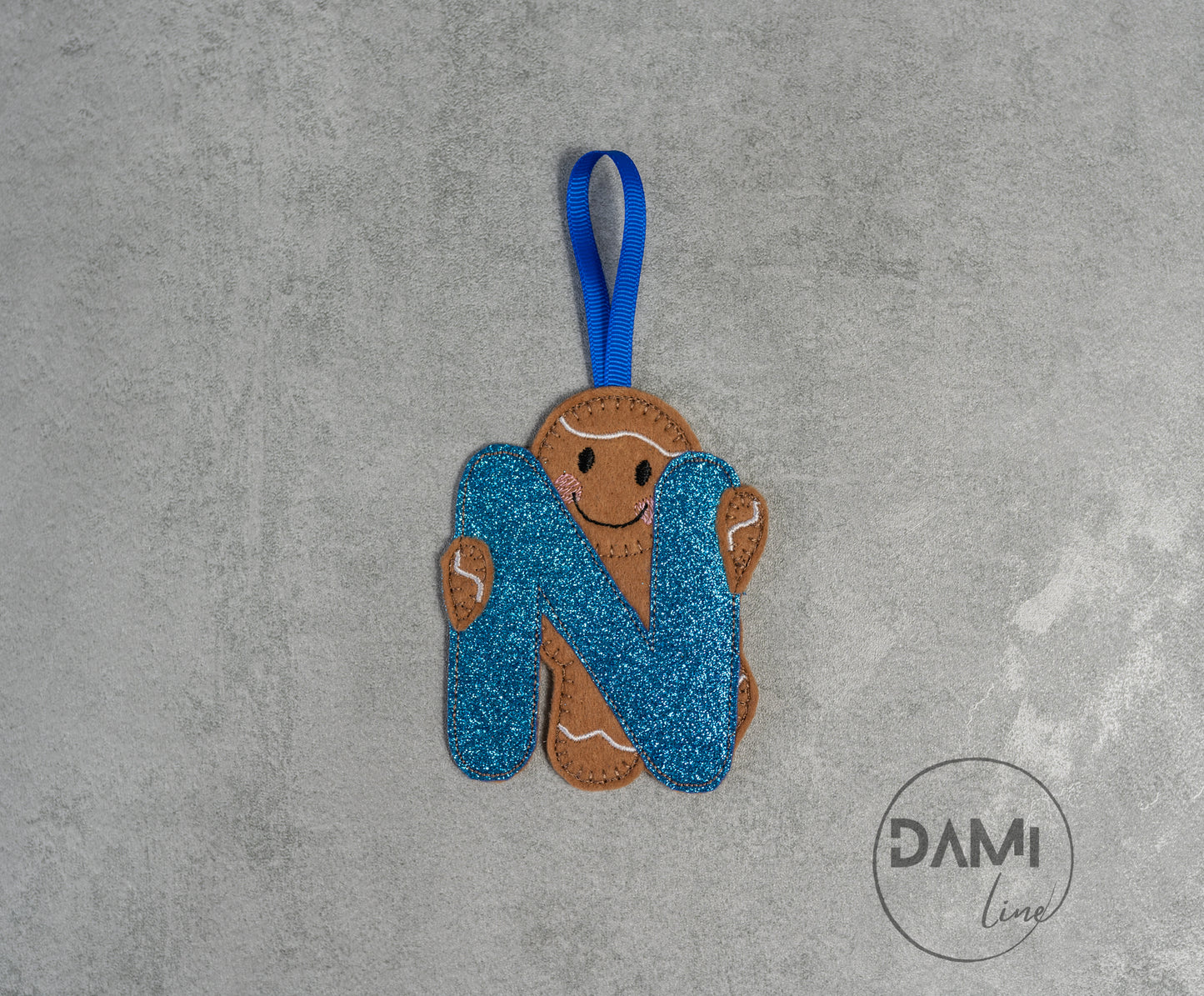 Blue letter gingerbread man handmade Christmas hanging decoration