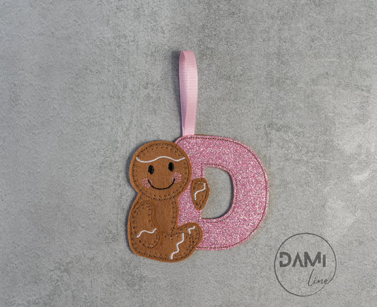 Pink letter gingerbread man handmade Christmas hanging decoration