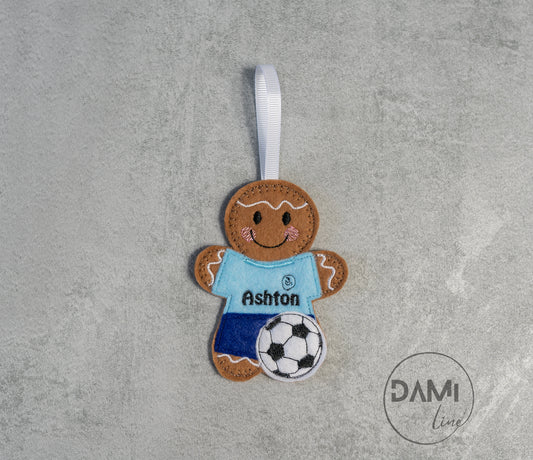 Footballer gingerbread man Christmas tree ornament