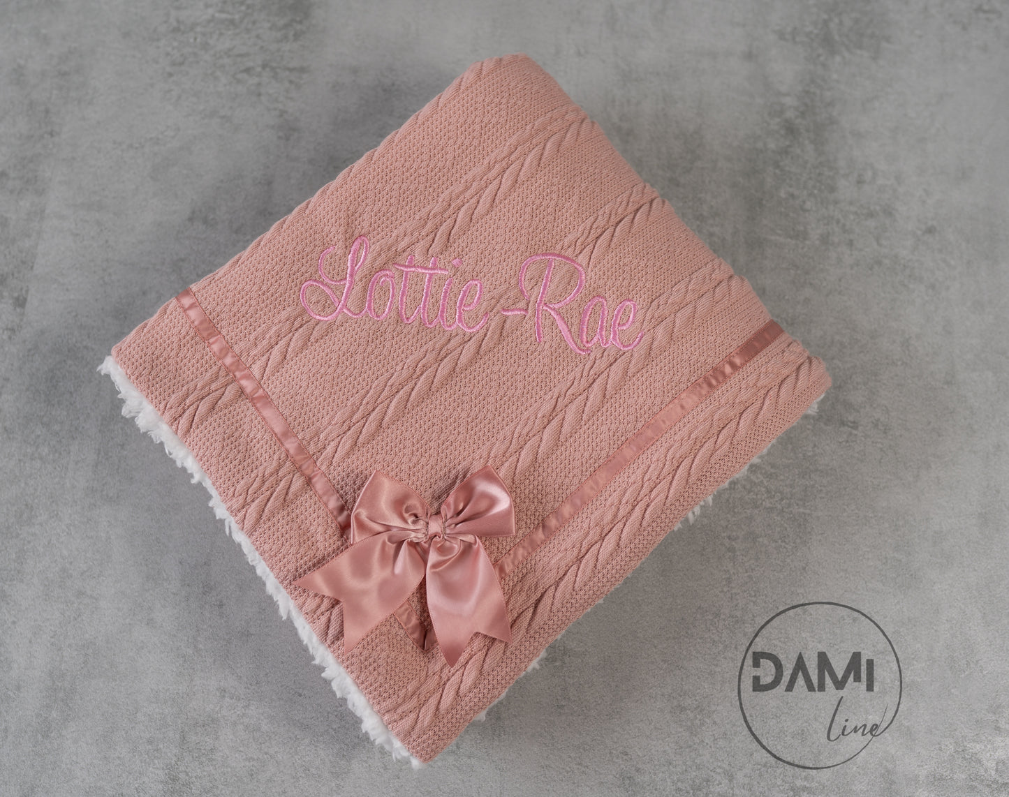 Personalised soft knitted ROSE GOLD baby girl blanket with sherpa lining