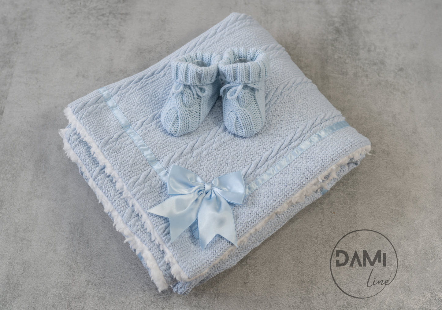 Personalised light blue baby knitted blanket and blue knitted booties gift set